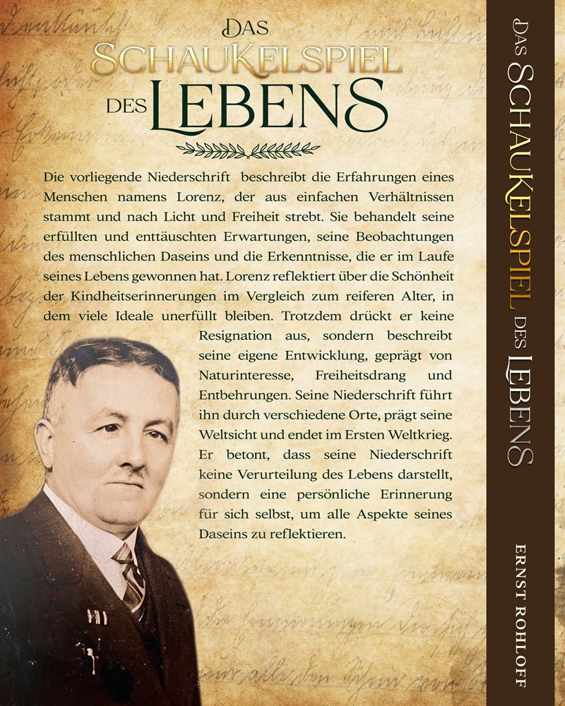 Rückseite: Das Schaukelspiel des Lebens mit Klappentext und Porträt von Ernst Rohloff